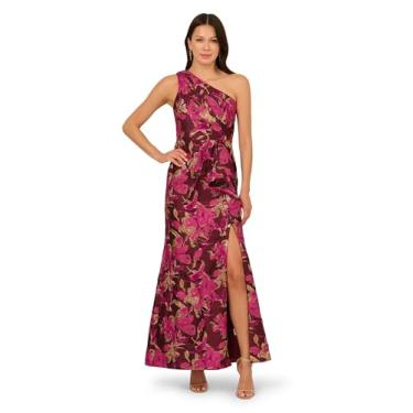 Imagem de Adrianna Papell Vestido feminino jacquard de um ombro só, Borgonha/dourado, 38