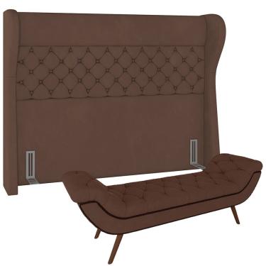 Imagem de Kit Cabeceira Cama Box Casal 195 cm Madrid com Puff Recamier Santorini P05 Veludo Marrom - Lyam Decor
