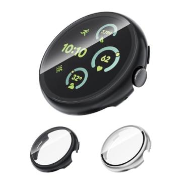 Imagem de Pacote com 2 capas com vidro temperado para Google Pixel Watch 3 protetor de tela 45 mm mulheres e homens, capa rígida de proteção geral resistente a arranhões para Google Pixel Watch 3, acessórios de