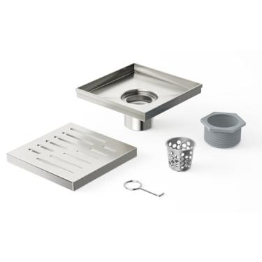 Imagem de EMBATHER Ralo de Chuveiro Quadrado de 6", Ralo de Piso de Chuveiro de Aço Inoxidável 304 e Tampa de Ralo de Chuveiro Incluídos, Coletor de Cabelo e Pés Niveladores, Níquel Escovado