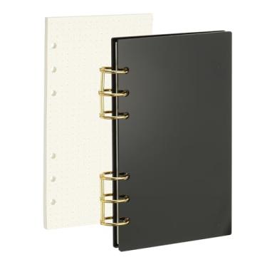Imagem de PATIKIL Capa de caderno com 6 anéis, fichário acrílico A6, 2 anéis redondos de metal dourado com 90 folhas, papéis internos de pontos para planejador de viagem e escritório, preto