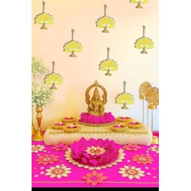 Imagem de ZIG ZAG Pacote com 6 decorações de parede de lótus feitas à mão – lótus amarelo com Jhumki pendurado para decoração de templo de casa, Diwali, casamentos e decoração de festival (20 cm, amarelo)