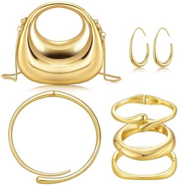 Imagem de Quelay Conjunto de joias de 6 peças de bolsa clutch dourada para mulheres com bolsas de acrílico douradas, pulseiras grossas, gargantilha grossa, colar e brincos de argola de lágrima leves para festas