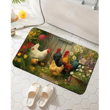 Imagem de Tapete de banheiro com galos de fazenda, macio e antiderrapante, vintage, girassol, flores silvestres, secagem rápida, lavável na máquina, 43 x 75 cm para chuveiro, banheira, cozinha e banheiro