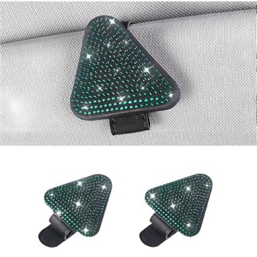 Imagem de MINGZAIQIPEI 2 peças de porta-óculos de sol triangulares com strass brilhante para viseiras de carro de couro magnético organizador de óculos de sol clipe para cartão de bilhete (verde)