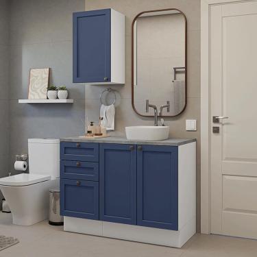 Imagem de Conjunto Gabinete para Banheiro 110cm 3 Gavetas 3 Portas Branco/Azul Vik Madesa 01