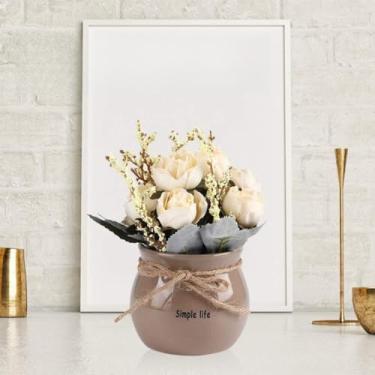 Imagem de Flores artificiais, vaso de cerâmica, seda artificial, rosa, vaso de flores para casa, decoração de mesa, ornamento branco