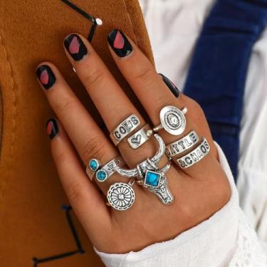 Imagem de Anéis turquesa para mulheres, empilháveis, ajustáveis, conjunto de joias Boho
