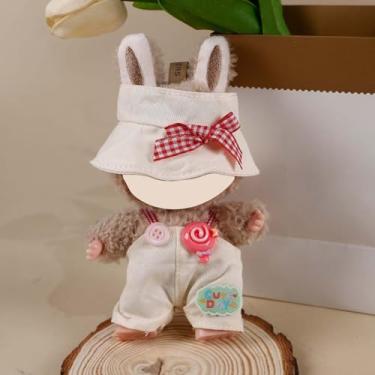Imagem de Compatível com Labubu (sem boneca) – Conjunto Bege Sweet Countryside (Gingham-Bow Hat + Macacão com Lollipop & Cute Days Patch), 15 cm/17 cm (Bege)