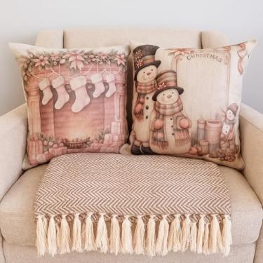 Imagem de Lizzi Home Decor Conjunto Natalino, Manta de Sofá com Franjas e 2 Capas de Almofada, Rosa Nude e Bege, Algodão e Linho, Estilo Boho Chic, 140x200cm e 45x45cm, Decorativo para Inverno e Natal