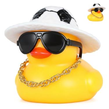 Imagem de FINEED Decoração de carro de pato de borracha de futebol com colar dourado, acessório de painel para interior/exterior de carro, 5 almofadas adesivas incluídas (Pato amarelo)