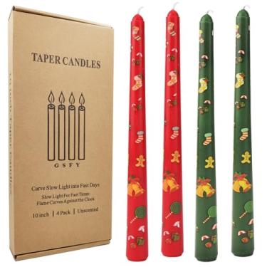 Imagem de W&LESVAGO Conjunto de 4 velas cônicas com estampa de Natal de 25,4 cm, estampas de árvores/sinos, castiçais longos sem cheiro para mesas de jantar e decorações festivas