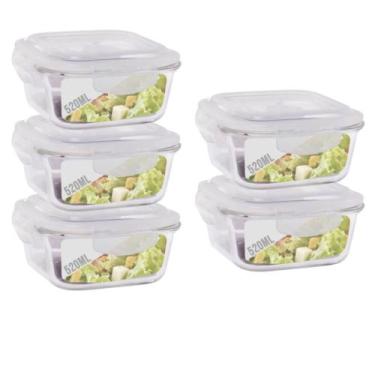 Imagem de Jogo 5 Pote Vidro 520ML Forno Microondas Quadrado Hermetico - QUALITY 