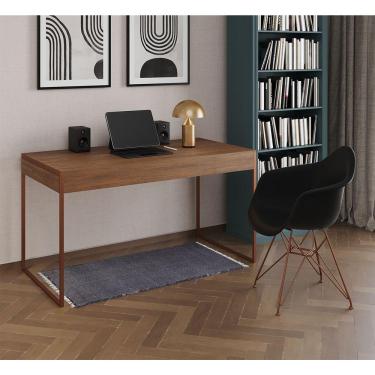 Imagem de Escrivaninha Industrial Office Estudo Malta Amêndoa 137X53Cm Com 1 Poltrona Preta Base Marrom
