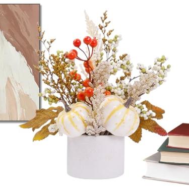 Imagem de Centros de mesa de outono – decorações de abóbora com folhas de bordo, decoração de ação de graças, plantas artificiais, decoração de casa, para férias, cozinha, lareira, mesa, prateleira, sala de