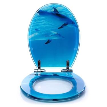 Imagem de Assento sanitário de fechamento macio azul com liberação rápida, tampa oval de vaso sanitário com dobradiças ajustáveis, fácil instalação, tamanho padrão