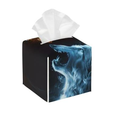 Imagem de Caixa de lenços de couro quadrada à prova d'água animal lobo vermelho azul legal organizador de papel facial com cinto inferior cubo estojo de tecido para mesa banheiro escritório mesa carro