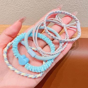 Imagem de Conjunto de 5 peças de laços de cabelo para mulheres meninas faixa elástica moda corda de cabelo acessórios de cabelo multicoloridas decoração de presente (azul)