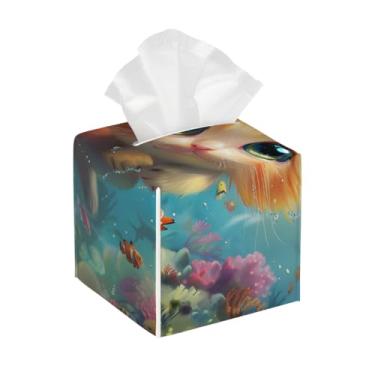 Imagem de Porta-lenços de couro quadrado à prova d'água animal gato fofo oceano facial organizador de papel com cinto inferior cubo estojo de lenços para mesa banheiro escritório mesa carro decorativo