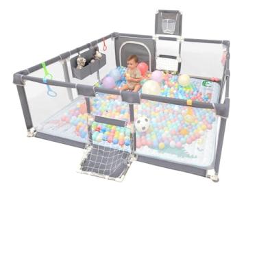 Imagem de Cercadinho para bebe com Aro de Basquete e Rede de Futebol, 180x60x120cm, Malha Respirável para Uso Interno e Externo, Cor Cinza, cercadinho para bebe burigotto e cercadinho