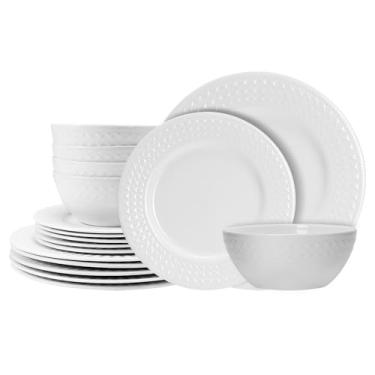 Imagem de QUANSHANGJU Conjunto de louça Bone China de 18 peças para 6, pratos e tigelas de porcelana branca com design texturizado, leve para micro-ondas e lava-louças para jantar em família