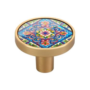 Imagem de Blueangle Pacote com 4 puxadores de armário de cerâmica mexicana 3,5 cm Puxadores redondos de gaveta para cômoda e armários de cozinha (518)