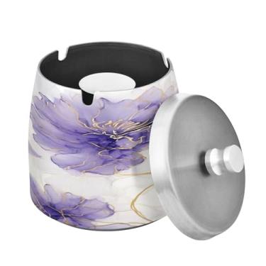 Imagem de Blueangle Cinzeiro de flor prata roxa com tampa para cigarros, à prova de vento/chuva, aço inoxidável, sem fumaça, inodoro, cinzeiro para uso interno ou externo (575)