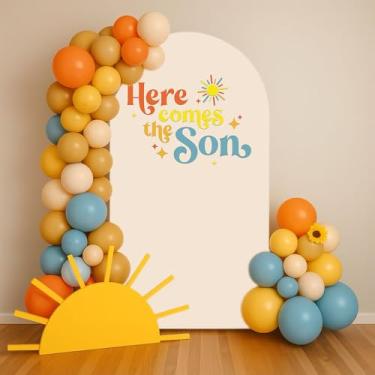 Imagem de Capa de fundo de arco Here Comes The Son chá de bebê arco dupla face elastano capa sol nascer do sol arco-íris festa de aniversário festa festa decoração suprimentos (2,6 x 6 pés, G-3819)