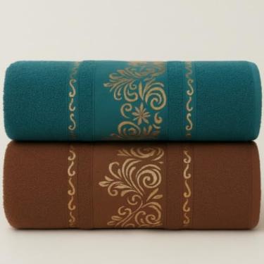 Imagem de Jogo de Toalha de Banho Conjunto de Duas PeçAs 100% AlgodãO Puro Excelente AbsorçãO de áGua Adequado para uso No Banheiro em Viagens Na NataçãO ou Na Academia(Kit 2Toalhas–Verde&Marrom)