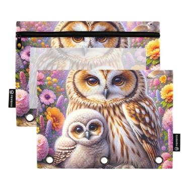 Imagem de GAIGEO Lindas corujas florais com 3 anéis, bolsa para lápis, fichário com zíper, bolsa para trabalho, escola, pastas transparentes, bolsos macios 25 x 18 cm, 2 pacotes