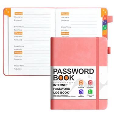Imagem de KAFENDA Livro de senhas com abas alfabéticas, agenda de endereços para logins de sites, tamanho de bolso 15,5 cm x 12,4 cm, capa dura de couro PU (rosa)