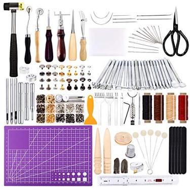 Imagem de Kit de couro com 183 peças, kit de ferramentas de trabalho de couro com conjunto de ferramentas de fabricação de selas, kit de rebites de couro, furador, martelo de couro para trabalho de couro,