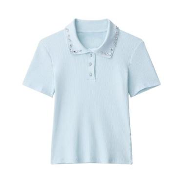 Imagem de Camisa Polo Feminina Slim Fit Canelada Verão 2025 Com Gola Lapela E De