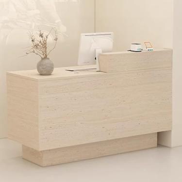 Imagem de Mesa de recepção moderna com gaveta trancável e ilhós de cabo - Grande balcão frontal de armazenamento para loja de varejo, balcão de caixa para escritório - multicolorido (L), 100 cm/39,3 pol