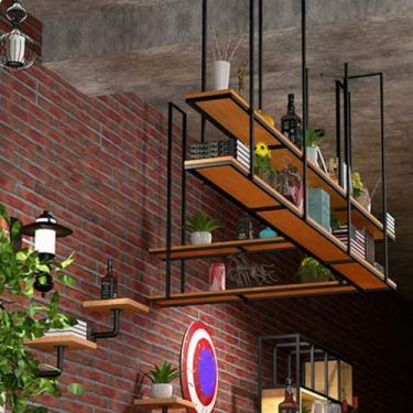 Imagem de Cabide de teto de cozinha/rack de armazenamento, prateleira suspensa de 2 camadas prateleiras de exibição de decorações flutuantes, prateleiras de plantas de ferro de madeira e metal suporte de vaso