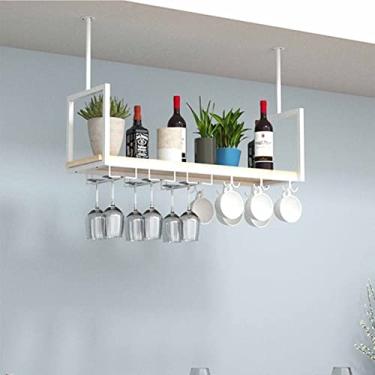 Imagem de Suporte de vidro de vinho estilo europeu para pendurar no teto elegante rack de armazenamento de ferro forjado e madeira maciça para exibição de bar e cozinha, fácil instalação no teto, branco, 80 x