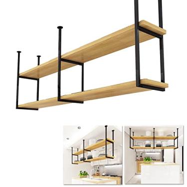 Imagem de Prateleiras flutuantes decorativas de madeira de 2 níveis, rack de armazenamento de cozinhas com moldura de metal de ferro para pendurar no teto, prateleira de vaso de flores, suporte de vinho para