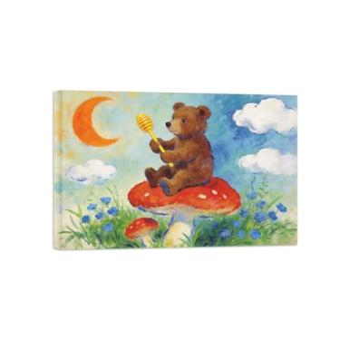 Imagem de BMZFYBS Impressão em tela de arte de parede animal - Urso e cogumelo - Pintura de decoração moderna - Imagens para casa prontas para pendurar tela embrulhada 50 x 75 cm 20 x 30 polegadas