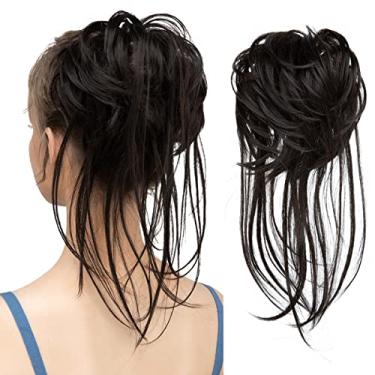 Imagem de CJL HAIR Extensões de coque bagunçado de cabelo cacheado com cauda reta cabelo sintético scrunchies rabo de cavalo para mulheres preto marrom