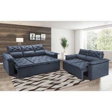 Imagem de Conjunto De Sofá 3 E 2 Lugares Retrátil E Reclinável Cama Inbox Compact 2,00x1,50m Velusoft Azul