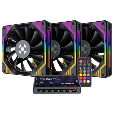 Imagem de Kit 3 Coolers 120mm Fortrek Frosty - LED ARGB - Com Controladora - Preto - 84966-Unissex