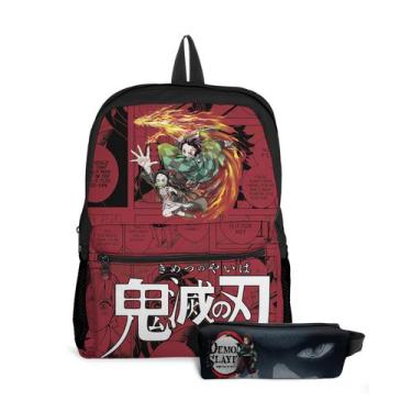 Imagem de Kit Mochila com Bolso e Estojo Escolar Demon Slayer Menina e Menino  -