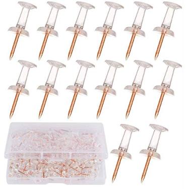 Imagem de Pinos de pressão dourados rosé polegar Tacks cabeça de plástico transparente e aço dourado pontos pinos para pendurar imagens, cartazes, documentos, dicas, quadros de avisos, marcador de mapa, com caixa (100 unidades)