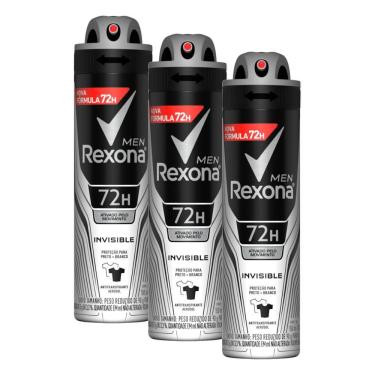 Imagem de Kit com 3 Desodorantes Antitranspirantes Aerosol Masculino Rexona Invisible 72 horas 150ml
