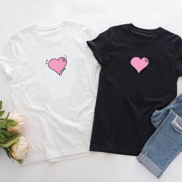 Imagem de Camiseta feminina KIT2 unidades coraçao fofo rosa Blusa Algodao preto e branca