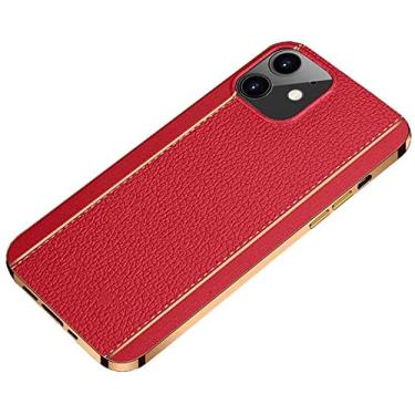 Imagem de HAODEE Capa macia de telefone fino com tudo incluído, capa de silicone padrão de lichia de moldura dourada para Apple iPhone 12 (2020) 6,1 polegadas [proteção de tela e câmera] (cor: vermelho)