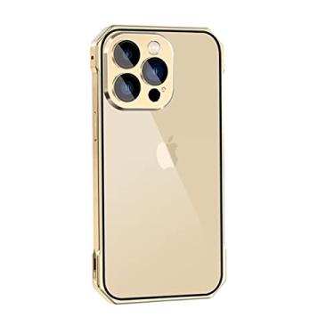 Imagem de Capa compatível com iPhone 12 Pro, capa de metal de liga de alumínio com película de lente de câmera de vidro, capa traseira magnética rígida de policarbonato com cobertura de moldura - dourada