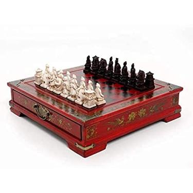 Imagem de KRASS Conjuntos de tabuleiro de xadrez, personagens 3D de terracota antigo conjunto de xadrez de madeira para adultos 26 x 26 cm novidade jogo de tabuleiro com design de armazenamento de gaveta, colecionador 88