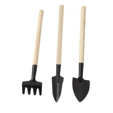Imagem de 3 pçs/conjunto mini ferramentas de jardim cabo de madeira cabeça de metal plantas pá ancinho pá perfuração ferramenta de fertilização para flores semente de plantas em vaso, 3 pçs