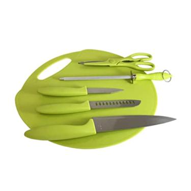 Imagem de Conjunto Tábua Com Facas Chaira E Tesoura Culinária 6 Peças Verde